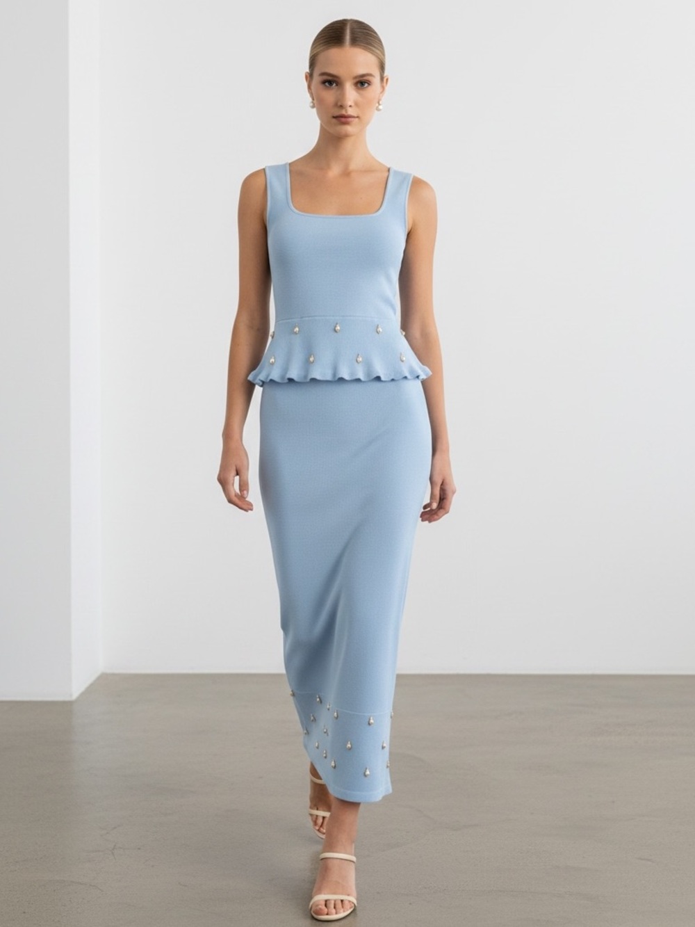 1488 • Sky Blue Shaping Knit Dangling Shells of Gold Embellished Skirt Set